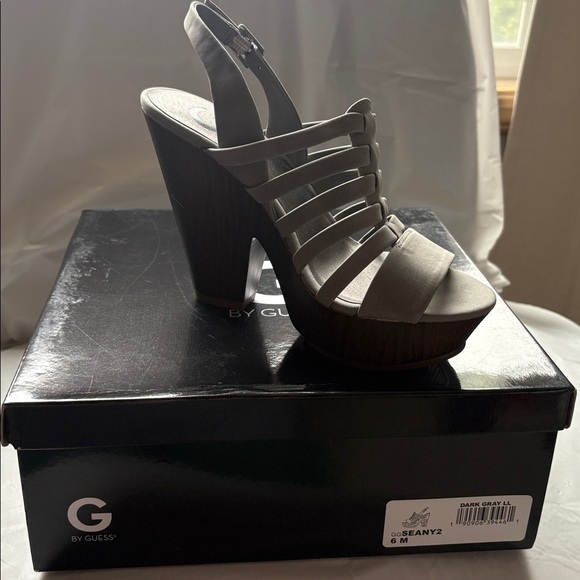 G by Guess Charcoal Strappy Platform Heels - Picture 1 of 3